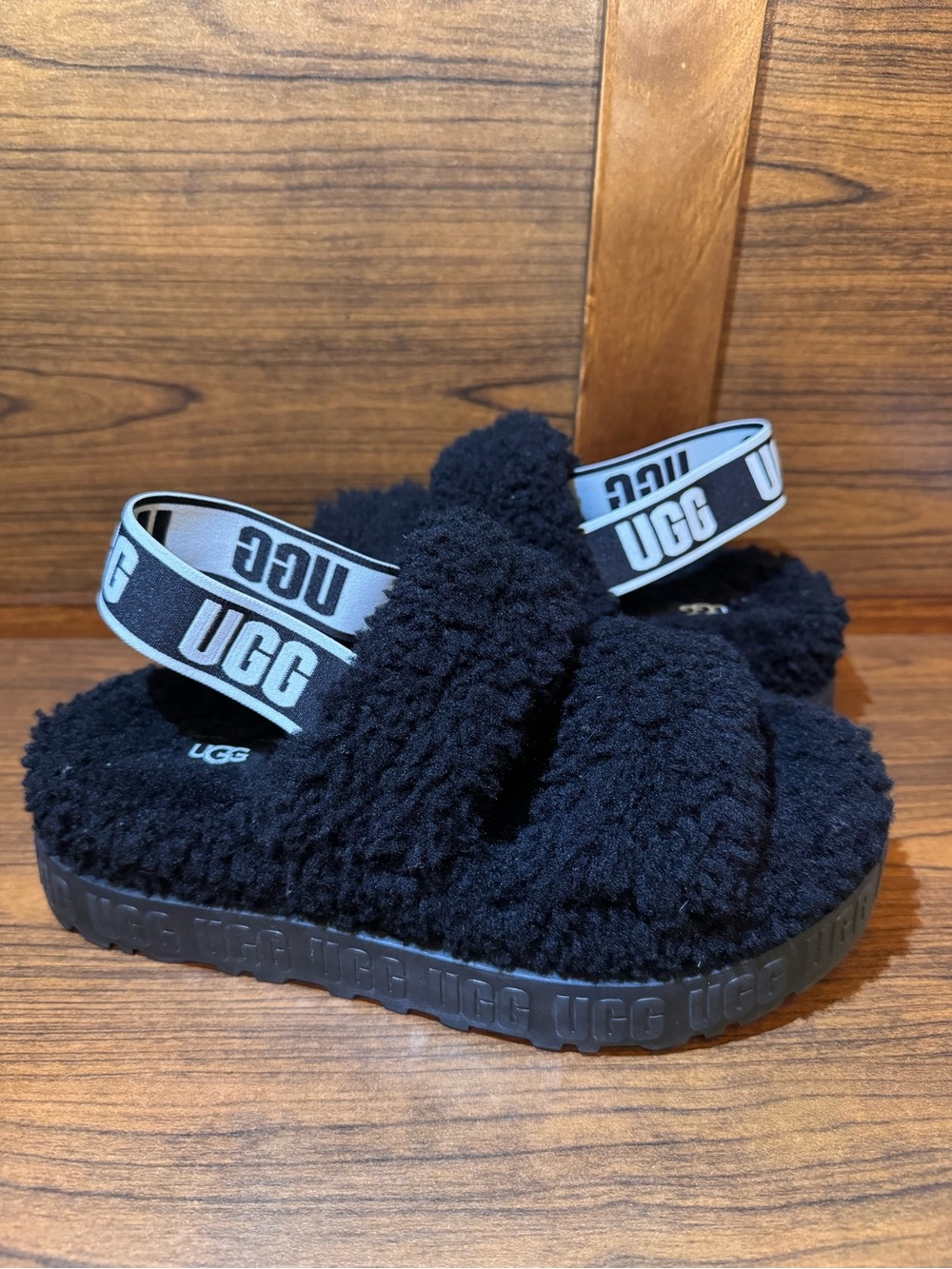 UGG Fluffita Women's Platform Slingback Slippers Size 8 Black Brand New